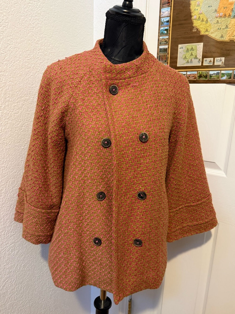 SMALL GREEN AND PINK 3/4 SLEEVE PEA COAT *see description*